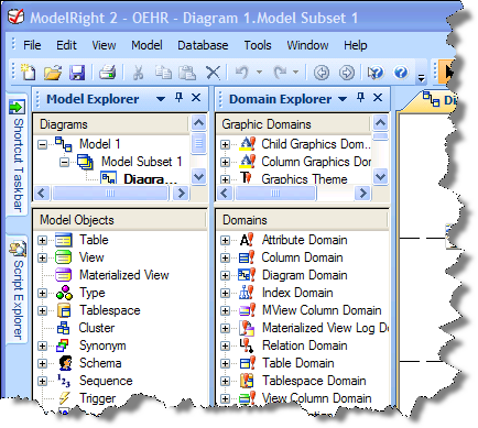 Illustrates a different docking configuration in which the Model, Domain, and Script Explorers are docked separately. And the Shortcut Taskbar and Script Explorer are Auto-Hidden. Illustrates a different docking configuration in which the Model, Domain, and Script Explorers are docked separately. And the Shortcut Taskbar and Script Explorer are Auto-Hidden.