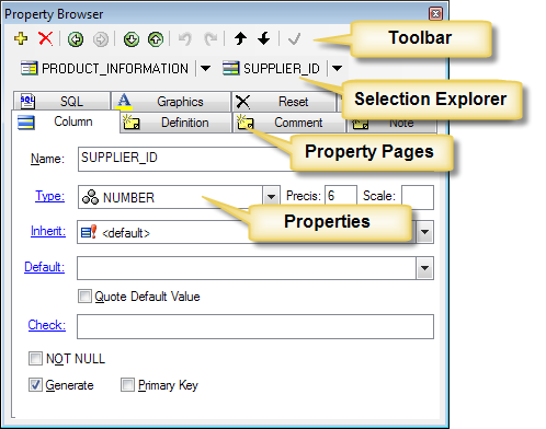 This screenshot illustrates the elements of the Property Browser - the Toolbar, Path Navigator, Property Pages/Tabs, and Properties. This screenshot illustrates the elements of the Property Browser - the Toolbar, Path Navigator, Property Pages/Tabs, and Properties.