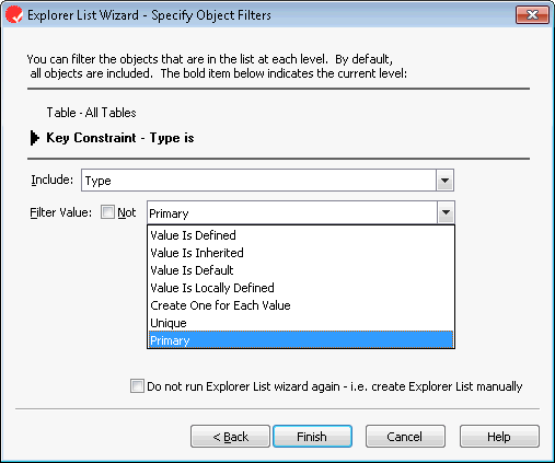 Then optionally specify a filter for each level.  In this case, no filter is specified at the Table level (so all Tables are used) and a Filter to only display Primary Key Constraints is specified at the Key Constraint level.