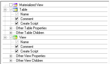 Example of display option settings to show only the  Table Comment and Create Script